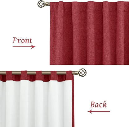 LAMIT 100% Blackout Red Linen Curtains, 63 Inches Linen Textured Thermal Bedroom Drapes Back Tab and Rod Pocket Christmas Panels with White Liner for Livingr Room, 2 Panels, 52 x 63 Inch