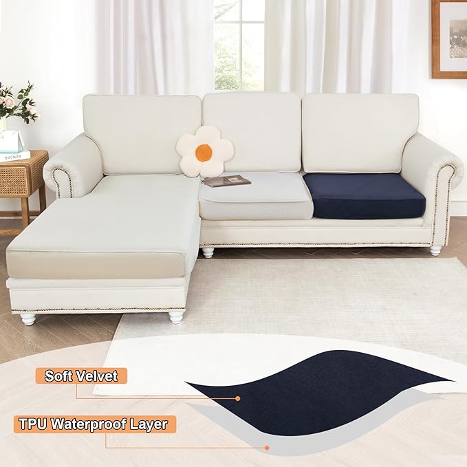 NAISI Waterproof Couch Cushion Covers Thick Velvet Fabric Washable Sofa Slipcovers 1 Piece Individual Sectional Couch Covers with Elastic Bottom(1 PC for Seat Cushion or Backrest,Navy)