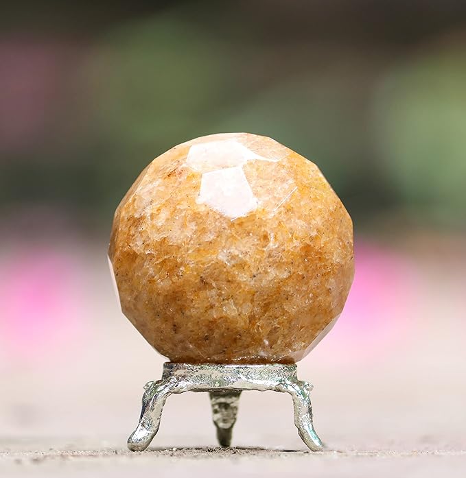 Crocon 50mm Camel Jasper Diamond Cut Stone Sphere Ball with Metal Stand 1400+ Carats Gemstone Ball Healing Ornament Rock Sphere Sculpture Figurine for Fengshui Divination Crystal Home Decor