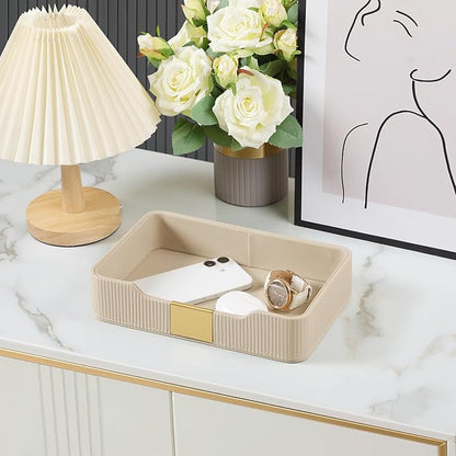 Valet Tray Desktop Storage Organizer, PU Leather Catchall Bedside Vanity Tray with Brass Accents Block Nightstand Organizer for Keys Watch Wallet Phone, Decorative Nightstand Storage (Beige)