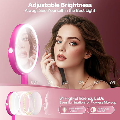 Makeup Mirror with Lights, 30X Magnifying & Height Adjustable, Lighted Magnifying Mirror with 3 Light Modes and Stepless Dimming, Vanity Mirrors for Bathroom, Birthday Gift for Women, Hotpink