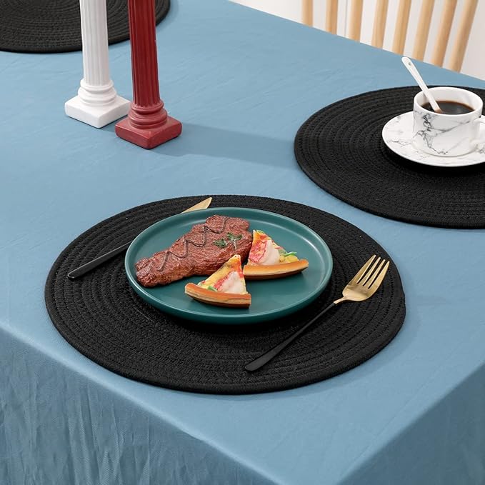 6pcs Round Woven Placemats, 13.8 inches Black Place Mats Cotton Pot Holders Wicker Tablemats Boho Braided Heat Resistant Mats, Woven Plate Chargers for Party Table Decoration