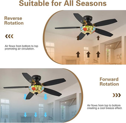 Tiffany Ceiling Fans with Lights - 48" Ceiling Fan Chandelier with 5 Dual-Blades and Glass Shade, 6 Speeds and Reversible, Indoor and Outdoor, Retro Style