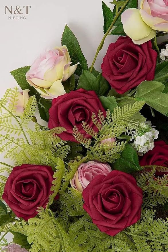 N&T NIETING Artificial Flowers, 25Pcs Fake Flowers Foam Roses with Stems Perfect DIY Wedding Bouquets Centerpieces Bridal Shower Party Valentine's Day Home Flower Arrangement Decorations, Dark Red