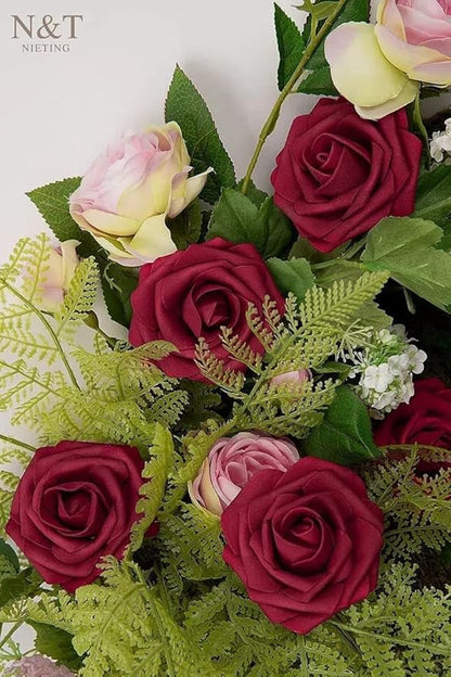 N&T NIETING Artificial Flowers, 25Pcs Fake Flowers Foam Roses with Stems Perfect DIY Wedding Bouquets Centerpieces Bridal Shower Party Valentine's Day Home Flower Arrangement Decorations, Dark Red