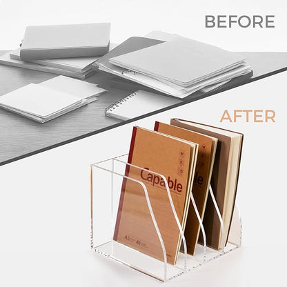 Acrylic Magazine File Holder, 4 Vertical Compartments Desk Document Sorter Organizer, Clear Folder Rack Binder for Office, Documents, Tablets, Magazines, Books – Home/Classroom Rack