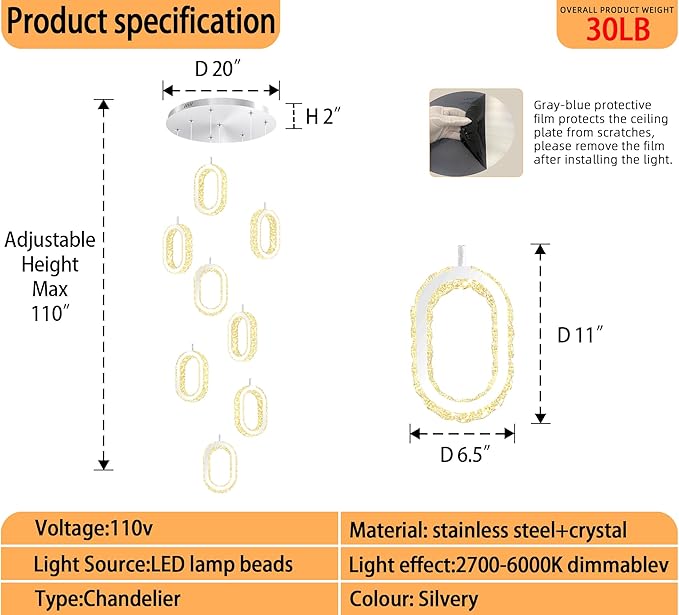 Silver 8-Ring Crystal Chandelier for Foyer Stairwell High Ceiling Chandelier Dimmable Oval Crystal Ring Pendant Light
