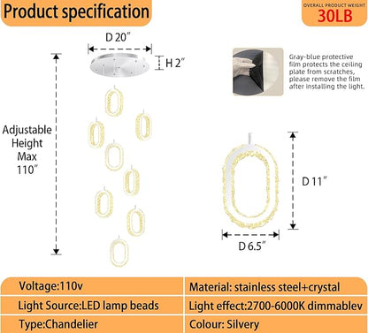Silver 8-Ring Crystal Chandelier for Foyer Stairwell High Ceiling Chandelier Dimmable Oval Crystal Ring Pendant Light