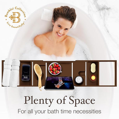 Wooden Bathtub Tray - Foldable & Expandable Bamboo Bath Tray for Tub with Wine Holder, Book & Tablet Stand - Bath Caddy Tray for Bathtub, Spa Bath Accessories, Tub Tray Table, (Brown)