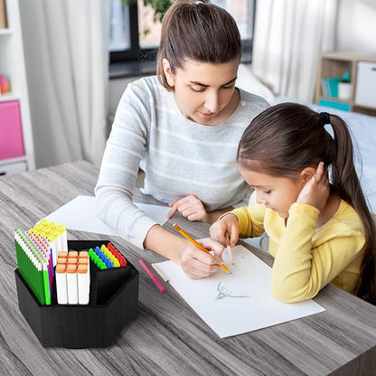 Houtingmaan Art Caddy Organizer for Kids, Bamboo Pencil Organizer with 7 Compartments, Pen Storage, Marker Holder, Desk Caddy, Black