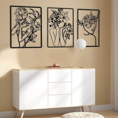CHENGU 3 Pieces Metal Minimalist Abstract Woman Wall Art Line Drawing Wall Art Decor Single Line Female Home Hanging for Kitchen Bathroom Living Room