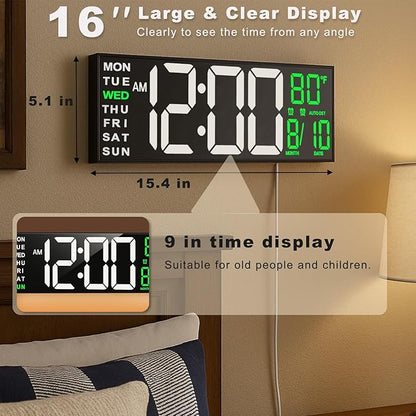 TrophyRak 16" Large Digital Wall Mount Clock, Count Down Timer, Alarm, Big LED, RGB Color, DST, Temperature for Living Room Classroom Desk, Wall, Xmas, Birthday Gift for Senior Mom Dad, White Green