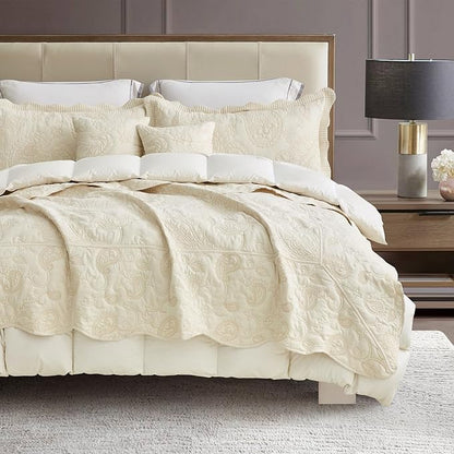 HZ & HY Oversized King Bedspread 138x122 Extra Wide, Quilted Coverlet Bedding Set, Lightweight Thin Comforter, Reversible, Luxurious, 5 Piece, 100% Microfiber, California/Alaskan King, Ivory Yellow