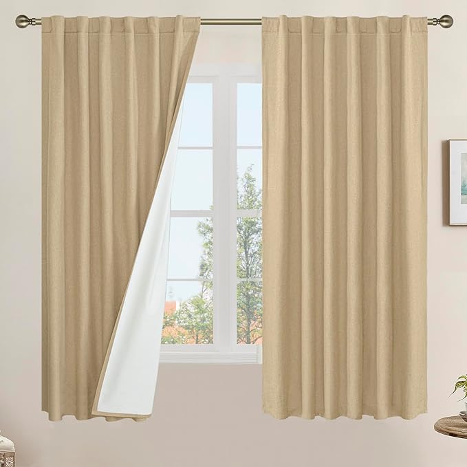 LAMIT Natural 100% Blackout Linen Curtains, 63 Inches Linen Textured Thermal Bedroom Curtains Back Tab and Rod Pocket Burlap Panels with White Liner for Farmhouse, 2 Panels, 52 x 63 Inch, Burlap