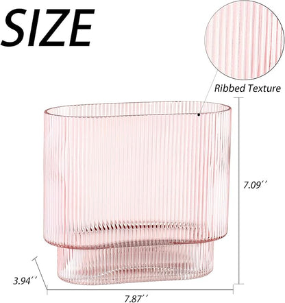 Ribbed Glass Vase, Pink Glass Vase, Fluted Short Vases for Flowers, Modern Vases for Living Room, Dining Room, Bathroom, Desk, Shelf, Wedding, Office, 7 Inches
