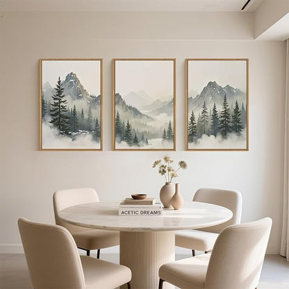 Large Nature Foggy Mountain Pine Trees Framed Canvas Wall Art, Misty Forest Landscape Wall Decor,Watercolor Woodland Scenery Artwork,Modern Art Print for Living Room, Bedroom, Office- 24"x36"x3