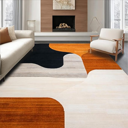 Flatwoven High Traffic Area Rug 4x6, Black Orange Abstract Geometric Shape, Non Slip, Stain Resistant, Washable Area Rugs for Living Room, Bedroom (Orange, 4x6)