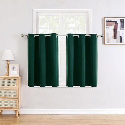 ChrisDowa Small Window Curtains for Kitchen and Bedroom - Grommet Short Thermal Insulated Room Darkening Curtains (2 Panels, Forest Green, 42 x 36 Inch)