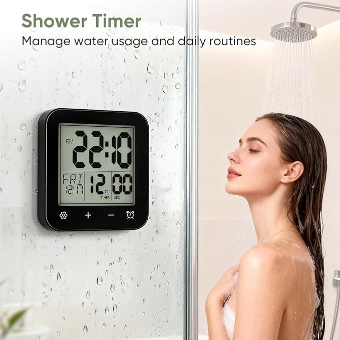Digital Waterproof Shower Clock, Bathroom Kitchen Clock with Countdown Timer, Wall Clock with Large LCD Display, Temperature, Touch Button, Suction, Hanging Hole, Battery Operated I Black