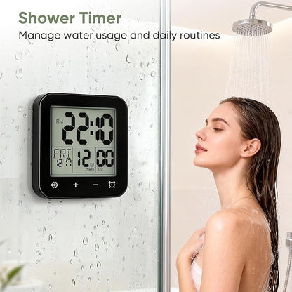 Digital Waterproof Shower Clock, Bathroom Kitchen Clock with Countdown Timer, Wall Clock with Large LCD Display, Temperature, Touch Button, Suction, Hanging Hole, Battery Operated I Black