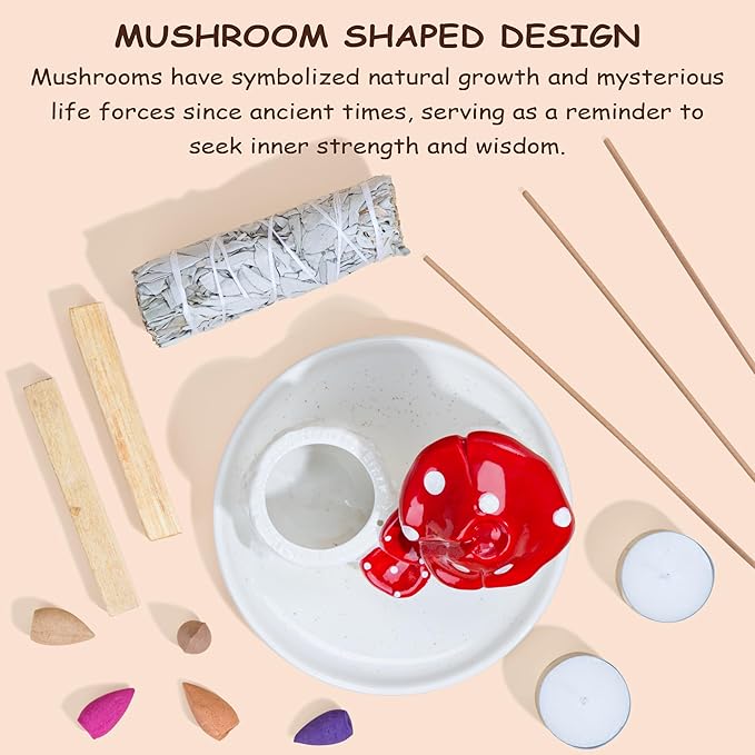 ZenBless 5 in 1 Mushroom Gifts Waterfall Incense and Candle Burner for Burning Sage, Palo Santo, Incense Sticks Backflow Cones,Candle Ceramic Backflow Cone Holder Spiritual Meditation Yoga