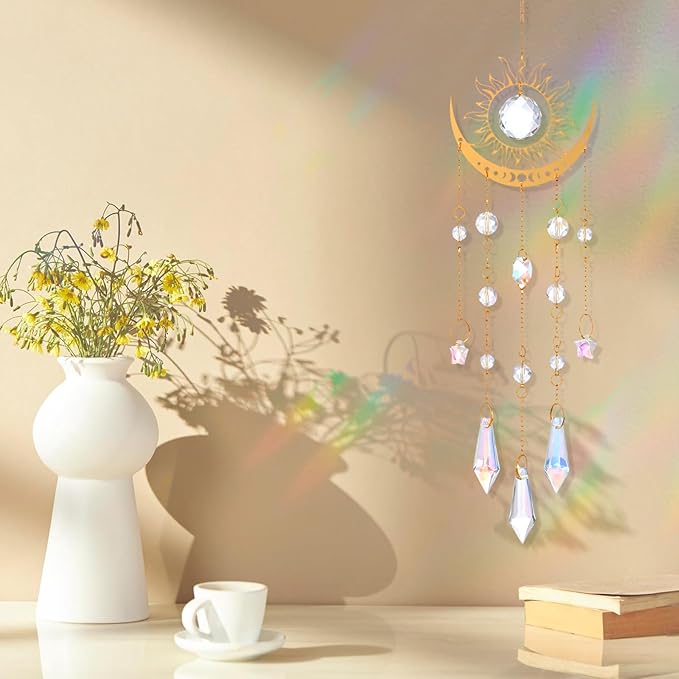 Crystal Suncatcher for Windows Hanging, Prism Rainbow Maker with Chain, Sun and Moon Catchers Indoor Outdoor Home Garden Decor, Gift for Christmas Mother’s Day Valentine’s
