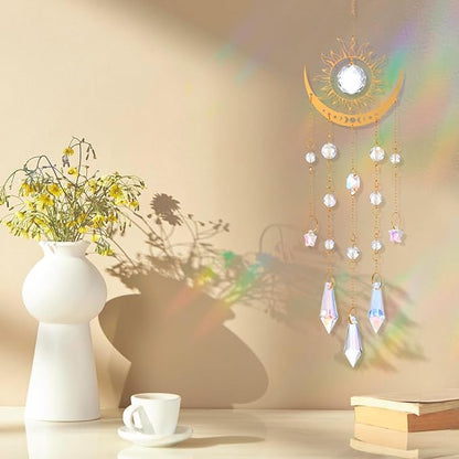 Crystal Suncatcher for Windows Hanging, Prism Rainbow Maker with Chain, Sun and Moon Catchers Indoor Outdoor Home Garden Decor, Gift for Christmas Mother’s Day Valentine’s