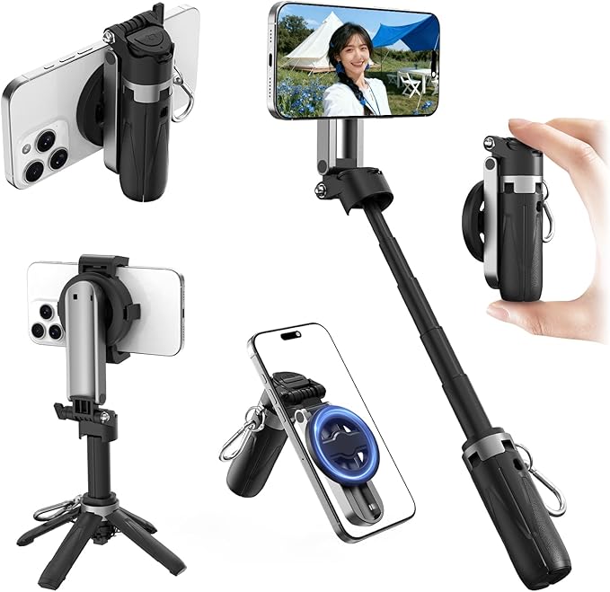 Magnetic Selfie Stick Mini Tripod for iPhone, Portable Pocket 4-in-1 Multifunctional 360° Rotation Phone Handle Grip Stand with Detachable Remote/Clip/Metal Ring for MagSafe/Android【4 Legs】