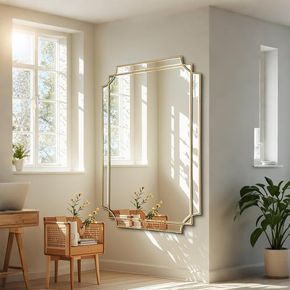Gold Mirror for Wall, 48" x32" Wooden Framed, Polished Bevelled Rectangle Mirror, Modern Decorative Mirrors for Wall Decor, Irregular Mirror for Living Room, Bathroom, Entryway, Bedroom