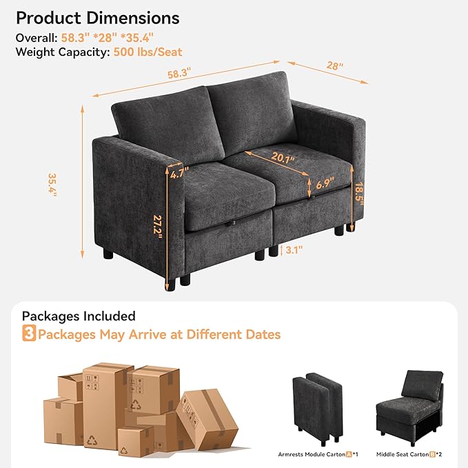 58”Modular Sectional Loveseat Sofa, Modern Love Seat 2 Seater Sofa Couch with Storage, Chenille Modular Sectional Couch for Living Room, Bedroom, Office, Small Apartment, Dark Grey