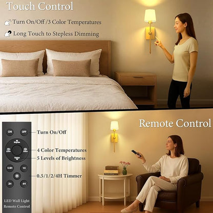 Battery Operated Wall Sconces Set of 2: Gold Rechargeable Wall Lights with Touch and Remote Control, Wireless Battery Powered Wall Scone Cordless Wall Lamp for Bedroom Living Room Bathroom Hallway