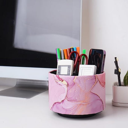 Round Leather Art Supply Organizer,Remote Control Holder,360-degree Rotating Pen Organizer with 4 Compartments(1-Pink Splash Ink)