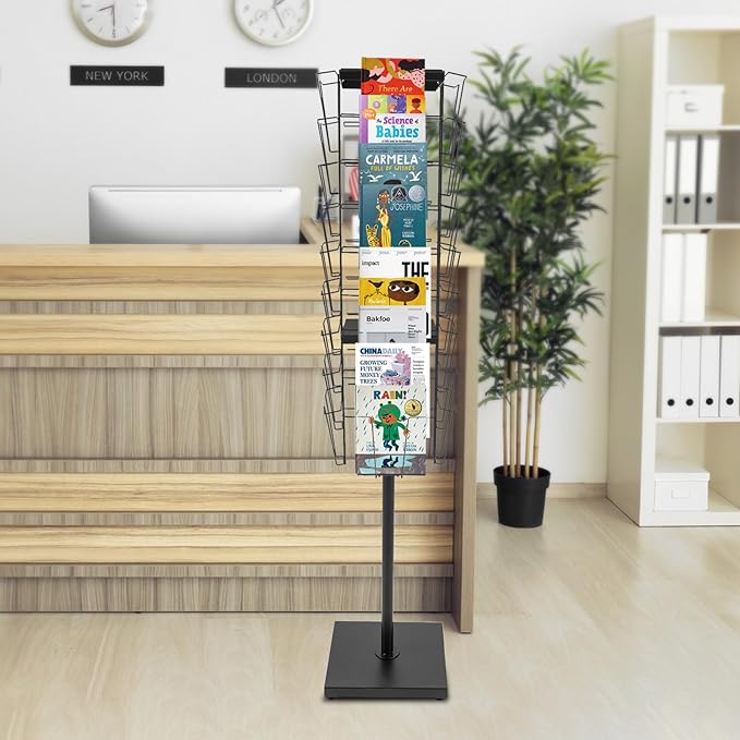 36 Pockets-360°Rotating Magazine Rack Holder Floor Comic Book Brochure Display Stand Flyer Storage Pamphlet Catalog Literature Organizer for Retail Store, Malls, Office, Trade Show Exhibition