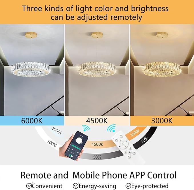 Modern Chandelier Crystal LED Dimmable Ring Pendant Lights Adjustable Hanging Lighting Chandeliers Fixtures for Dining Room Bedroom Kitchen Island Table Gold Light