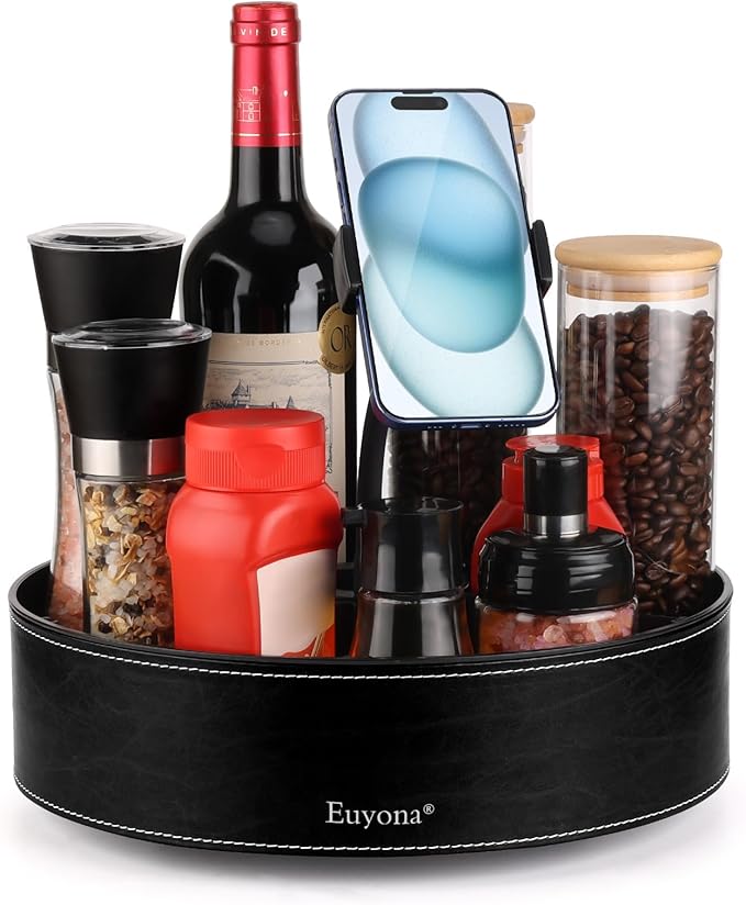 11.4 Inch Lazy Susan Turntable Organizer - 6 Removable Compartments with Phone Holder, 360° Rotating for Cabinet/Counter/Table. Spacious Storage for Food, Spices, Cosmetics & More. (Black)