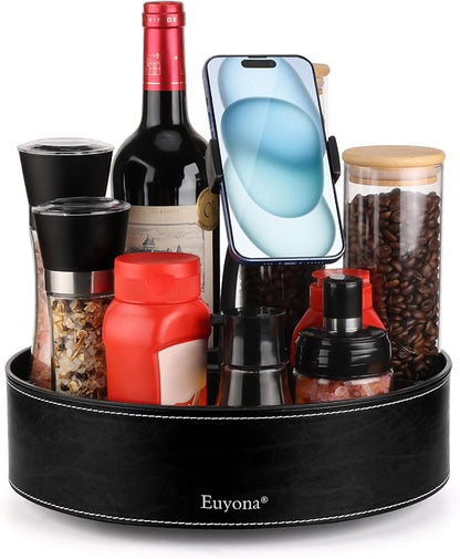 11.4 Inch Lazy Susan Turntable Organizer - 6 Removable Compartments with Phone Holder, 360° Rotating for Cabinet/Counter/Table. Spacious Storage for Food, Spices, Cosmetics & More. (Black)