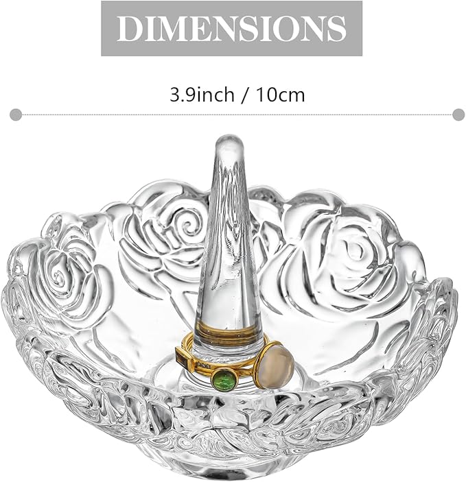 H&D HYALINE & DORA 4”Clear Crystal Ring Holder,Round Glass Ring Dish,Jewelry Rack Ring Holder for Wedding,Jewelry Display Gifts for Mom Wife Girlfriend