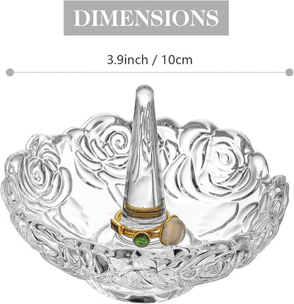 H&D HYALINE & DORA 4”Clear Crystal Ring Holder,Round Glass Ring Dish,Jewelry Rack Ring Holder for Wedding,Jewelry Display Gifts for Mom Wife Girlfriend