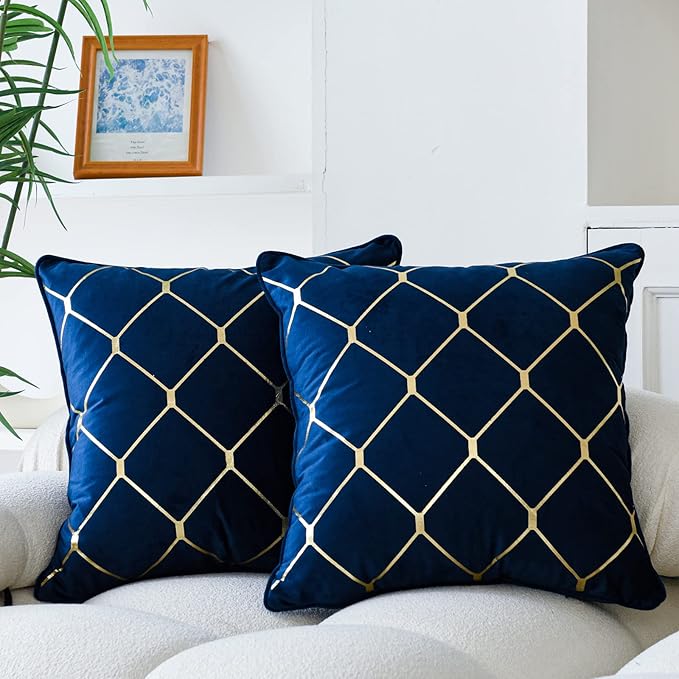 WACOMECO Gold Throw Pillow Covers, Pack of 2 Soft Velvet Decorative Cushion Covers for Couch Sofa Home Decoration, Navy Blue, 18x18 Inch
