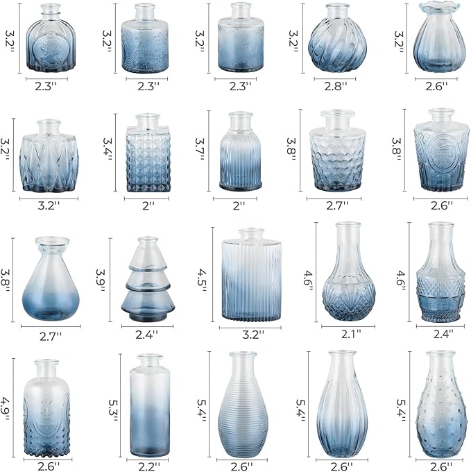 BEAHOT 32 Pack Bud Vase in Bulk,Mini Blue Vintage Glass Flower Vases for Centerpieces,Wedding Decor,Party & Home Decaration,Mother's Day (Blue-Gradient)
