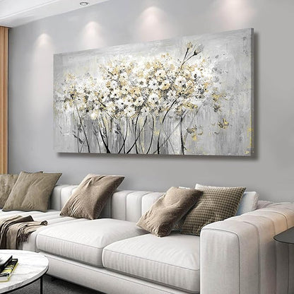 VAYIMDH Gold Pictures Wall Decor Living Room Wall Hanging White and Grey Vintage Posters Floral Photo Prints for Bedroom Dining Room 24x48 Inch