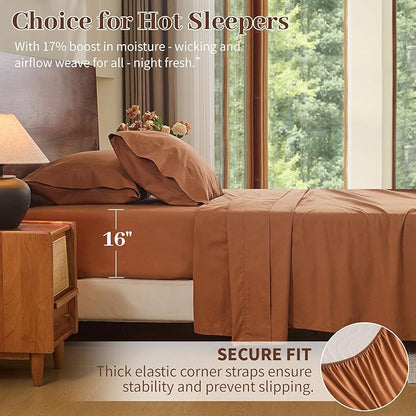 MEISHANG 100% French Pure Linen Sheets King Size - Bed Sheets 4 Piece Sets, Soft Durable Flax Linen, Anti-Tear Breathable Oeko-Tex Certified with 16" Deep Pocket (Brown)