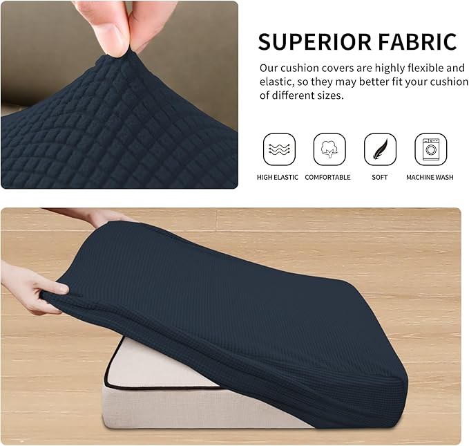 Easy-Going Stretch 4 Pieces Couch Cushion Covers for Sectional Sofa Left/Right L Shape Chaise Lounge Sofa Seat slipcover Anti-Slip Sofa Cover Soft (3 Seater + 1 Chaise, Dark Blue)