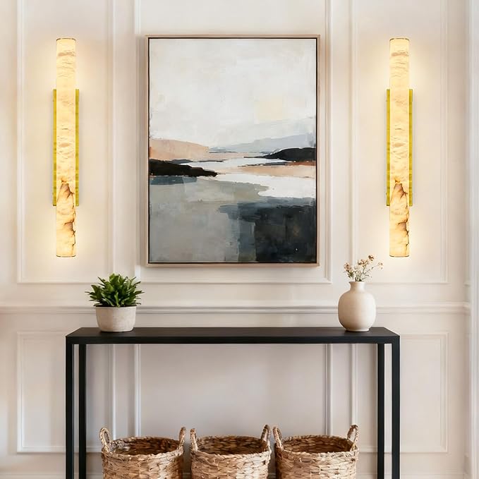 LMQNINE Natural Alabaster Wall Sconces Set of Two Spanish Marble Wall Light Cylinder Modern Gold LED Sconce for Living Room Bedroom Bathroo Stairs（L-2Pack）