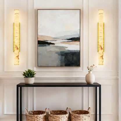 LMQNINE Natural Alabaster Wall Sconces Set of Two Spanish Marble Wall Light Cylinder Modern Gold LED Sconce for Living Room Bedroom Bathroo Stairs（L-2Pack）