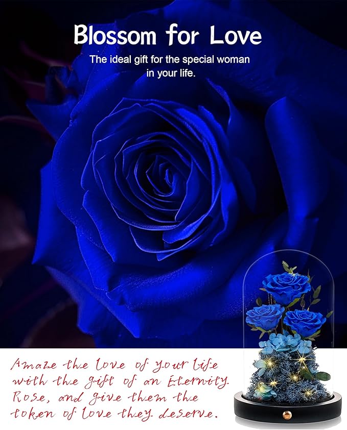 Valentines Day Flowers Roses Gifts for Her,Forever Real Preserved Roses in Glass Dome,Valentines Day Anniversary Birthday Gifts for Wife Girlfriend Women Mom Best Friend Her/Blue Rose