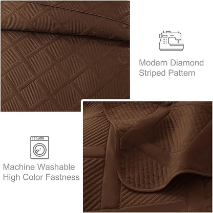 Exclusivo Mezcla Quilts Queen Size - Brown Quilt Set Bedspread with 2 Pillow Shams, Modern Bedding Set with Striped Pattern, Soft Lightweight Bedspreads Queen Size for All Seasons