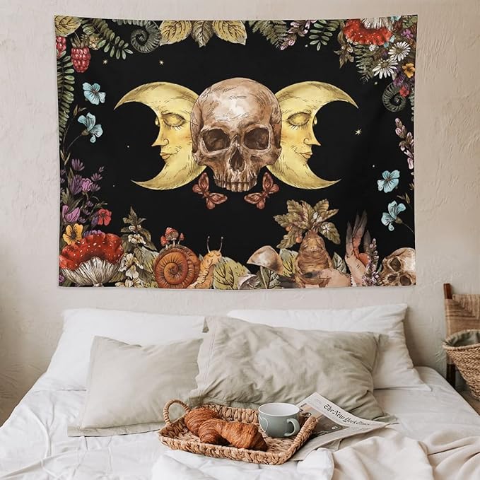 Boho Moon Skull Tapestry,Vintage Sun Moon Hippie Mushroom Floral Plant Tapestries Wall Hanging for Dorm Living Room Bedroom Decor(60"x80")