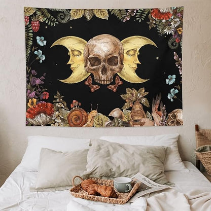 Boho Moon Skull Tapestry,Vintage Sun Moon Hippie Mushroom Floral Plant Tapestries Wall Hanging for Dorm Living Room Bedroom Decor(60"x80")