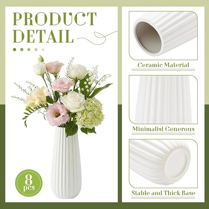 Qinyoung White Ceramic Bud Vase Set of 8, 8'' Small White Flower Vase for Centerpieces Floral Decor for Wedding Party Dining Table Home Decoration(Minimalist)
